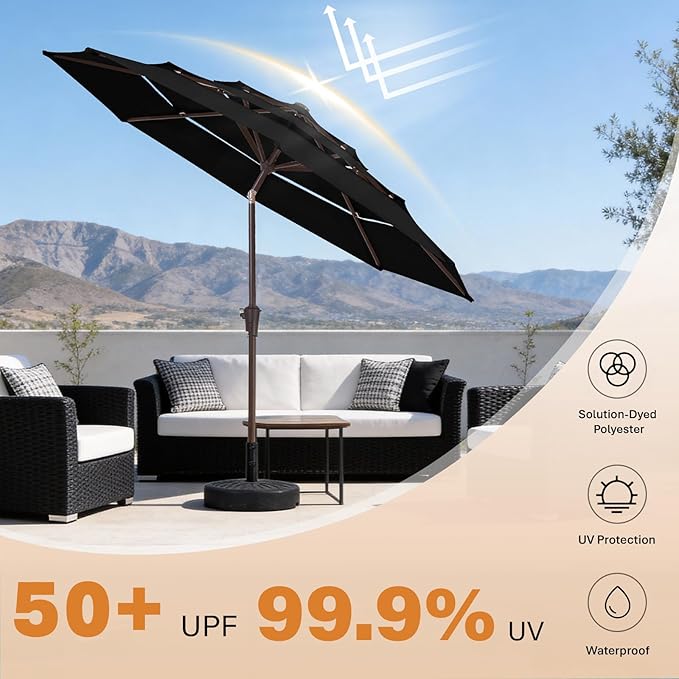 JEAREY 9FT 3 Tier Patio Umbrella Outdoor Market Umbrella Table Umbrellas with 8 Ribs 1.5 Pole Push Button Tilt and Crank UV Protection for Garden,Black