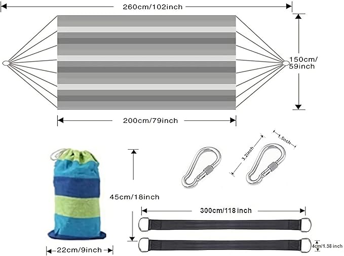 Comfortable Fabric Camping Hammock with Tree Straps for Hanging Durable Hammock Up to 550lbs&Heavy Duty Carabiners,2 Person, Perfect for Camping Outdoor/Indoor Patio Backyard