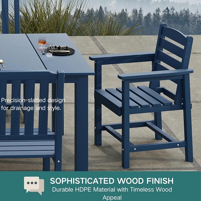 Kingdura 9 Piece Patio Dining Set for 8, HDPE Outdoor Table & Chairs with Umbrella Hole, All-Weather Outdoor Furniture Patio Conversation Set for Lawn Pool Backyard, Navy Blue