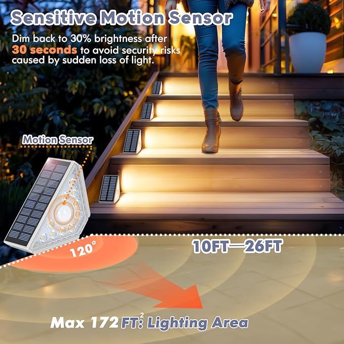 Kondras Motion Sensor Solar Stair Lights Outdoor, 8-Pack Super Bright LED Solar Powered Step Lights for Outside, 550LM IP67 Waterproof Outdoor Sensor Lights for Stair Porch Yard Deck, Warm White