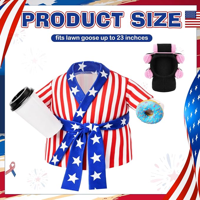 Shyyween Patriotic 4th of July Porch Goose Outfit 23 Inch American Lady Goose Statue Clothes Red White and Blue Bathrobe Coffee Cup Curlers 250th Anniversary Garden Lawn Decor
