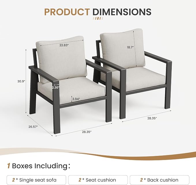 Outdoor Sofa Chair Aluminum Patio Couch Set of 2 All-Weather Patio Sofa Armchair Furniture Set Chairs with Beige Cushions