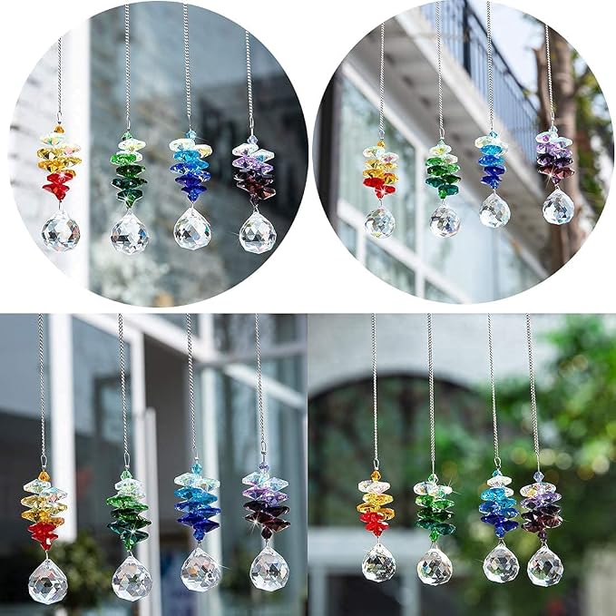 4PCS Crystal Prisms Suncatchers Hanging Sun Catchers for Window Indoor | Rainbow Maker Suncatchers Crystals Ball Prism Chakra Octagon Bead Decor For Home Garden,10.5inch,Christmas Tree Decorations