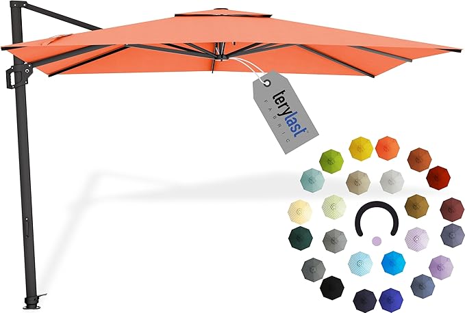 Midtown Umbrellas 9 x 9 Ft Outdoor Cantilever Patio Umbrella w/Terylast Tangerine Fabric - Rotate 360° Offset Patio Umbrella, Deck Patio Umbrella, Backyard Umbrella & Garden Umbrella - Black Frame