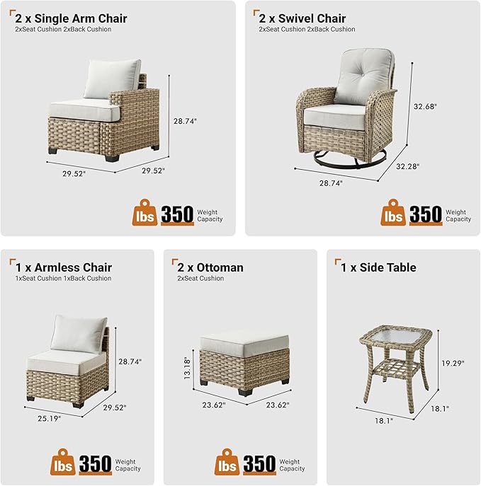 ovios 8 Piece Patio Sectional Furniture with Swivel Rocking Chairs, Rattan Wicker Coversation Couch Set, Outdoor Sofa Set for Outside Porch Balcony Backyard Pool, Light Grey