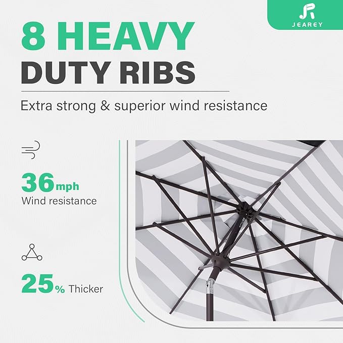 JEAREY 9 FT Patio Umbrella Outdoor, Table Umbrellas Market Umbrella w/Push Button Tilt/Crank, 8 Sturdy Ribs(Black White Striped)