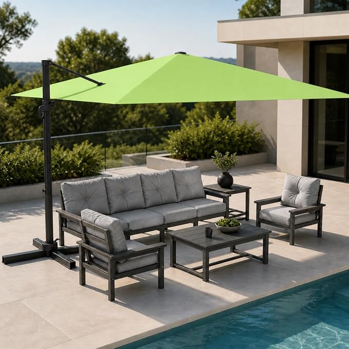 Kingdura 10' X 10' Cantilever Patio Umbrella with Base Included, Large Square Aluminum Outdoor Offset Umbrella with 360-degree Rotation, 4 Position Tilt, UV Protection for Pool Deck Garden Patio (Apple green)