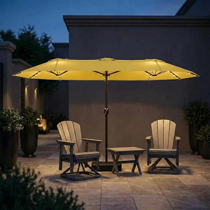 15FT Patio Umbrella with Solar Lights, Double-Sided Extra Large Outdoor Table Umbrella with Base Included, Heavy-Duty 12 Iron Ribs Market Umbrella for Garden, Pool, Backyard, Sunshine Yellow