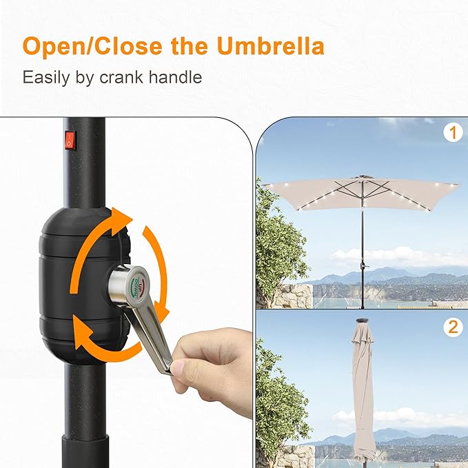 Rectangle Patio Umbrella with Solar Lights, 6x9ft Outdoor Rectangular Table Market Umbrella Patio with Push Button Tilt and Crank for Pool, Deck, Garden,Backyard