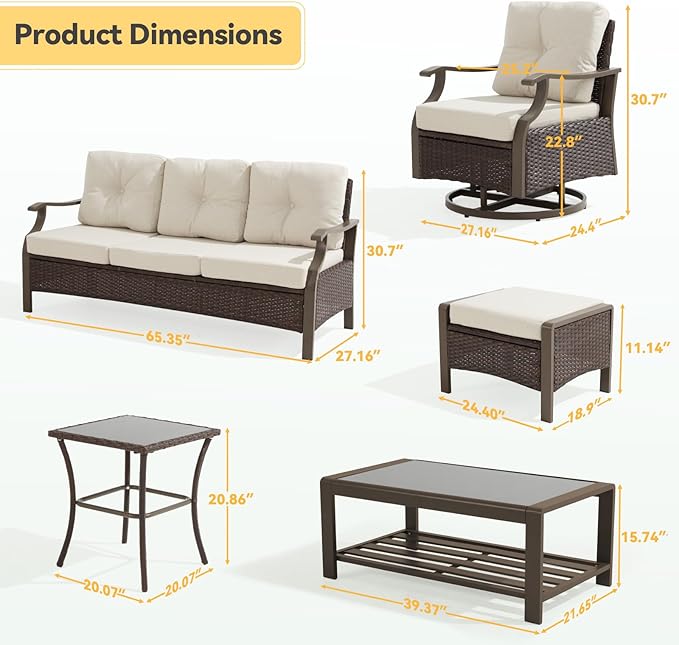 Outdoor Patio Furniture Set, 6 Pieces Outdoor Conversation Sets with Coffee Table, Side Table & Ottoman, Wicker Rattan Outdoor Sectional Sofa Set for Backyard, Deck, Porch, Poolside, Beig