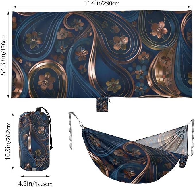 Luxury Blue Paisley Outdoor Hammocks with Tree Straps Fabric Hammock for Camping & Hiking Essential