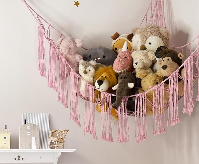 Stuffed Animal Hammock Corner Net with LED Light - Toy Storage Holder - Pink Cute Room Bedroom Decor for Teen Girls - Cute Bedroom Aesthetic Stuff for Baby Nursery Toddler Kids 8 - 10 - 12 Years Old