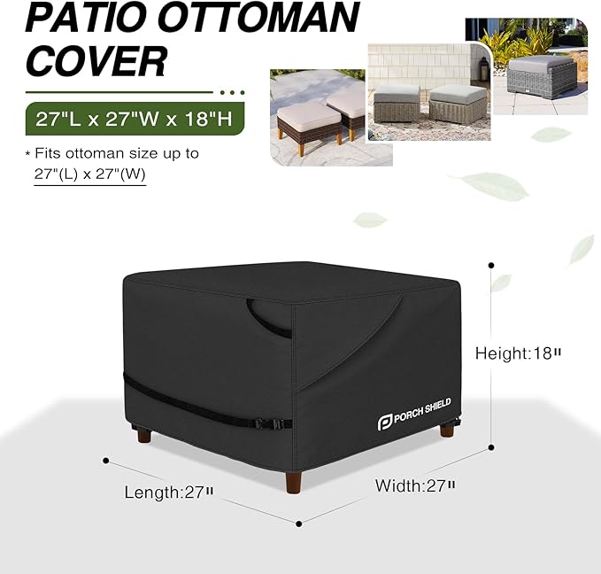 Porch Shield Patio Ottoman Cover - Waterproof Outdoor Square Side Table Covers – 27L x 27W x 18H inch, Black