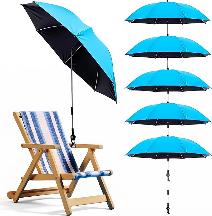 Sadnyy 6 Pcs Beach Chair Umbrella with Universal Clamp, 360 ° Adjustable Clip on Umbrellas 42" UPF 50+ Portable Sun Shade for Beach Chair Patio Camping Wheelchair Stroller Golf Cart