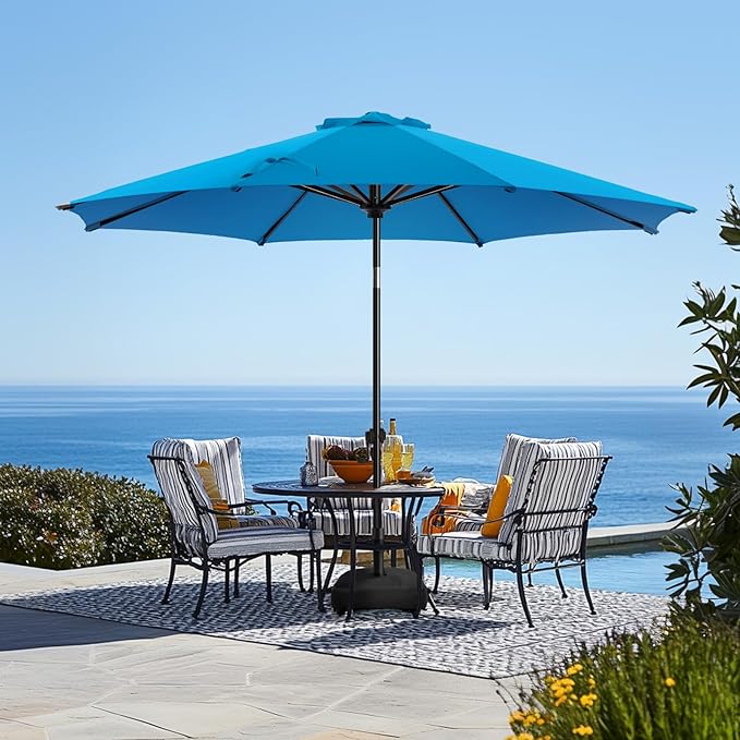 wikiwiki 9FT Patio Umbrella with Base, Outdoor Umbrellas with Base Included, 8 Sturdy Ribs, Waterproof Fade Resistant POLYESTER DTY Canopy for Deck, Lawn, Garden, Backyard & Pool, Royal Blue