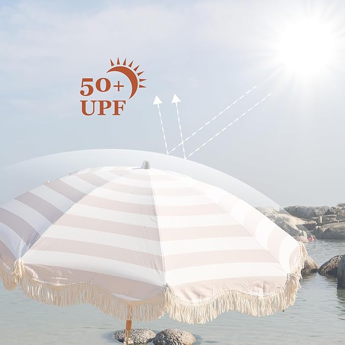 Beach Umbrella for Sand with Fringe – Luxury Boho Outdoor Umbrella for Beach, Pool, Garden, UPF 50+ Wood Shaft Metal Fittings Round with Carry Bag From