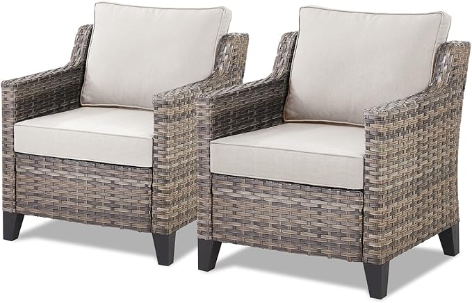 Patio Chairs Set of 2 - All Weather Rattan Wicker Outdoor Chairs with Thickened Cushions for Porch Deck Balcony Garden - Grey/Beige