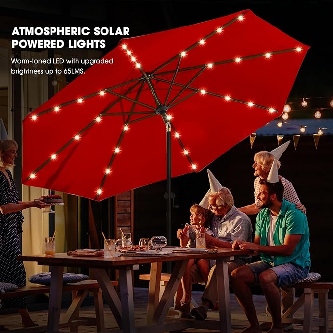 wikiwiki 10FT Solar Led Patio Umbrella with Base Included, 32 LED Lights, 8 Sturdy Ribs, Fade Resistant Waterproof POLYESTER DTY Canopy for Garden, Lawn, Deck, Backyard & Pool, Red