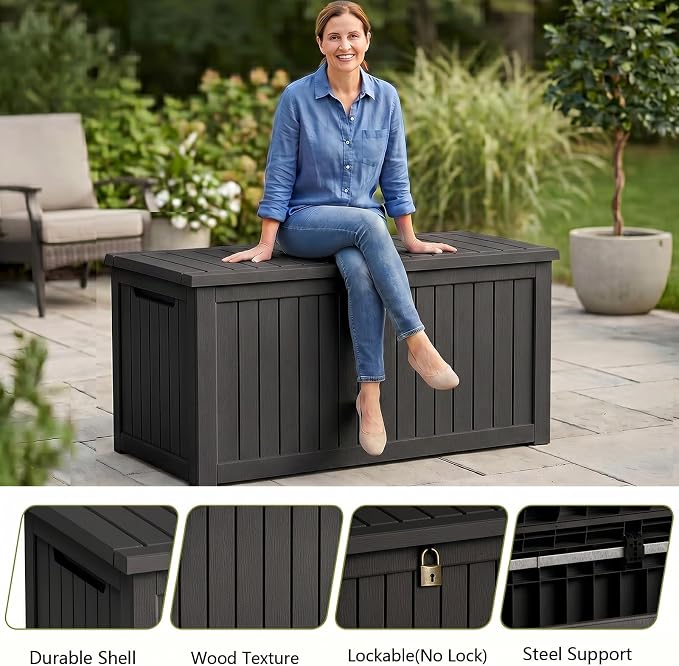 325 Gallon Outdoor Storage Box | Lockable Resin Deck Box, 880 lbs Seating & Safety Hydraulic Rod, UV-Resistant Patio Storage for Cushions, Tools & Packages