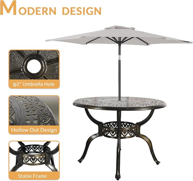 5-Piece Outdoor Patio Dining Set, All-Weather Cast Aluminum Patio Furniture Set with 4 Chairs and 38.5" Round Table for Backyard Garden Deck, 2" Umbrella Hole