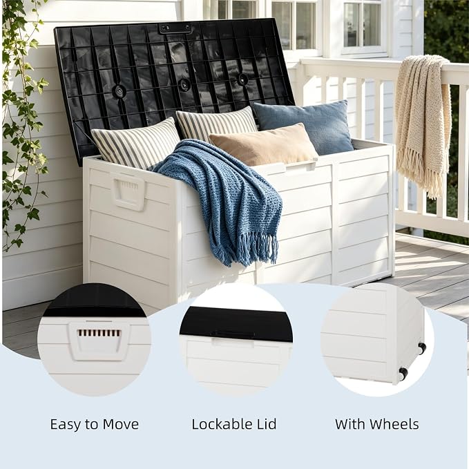 75 Gallon Waterproof Outdoor Deck Box with Wheels, Lockable Resin Patio Storage Container for Cushions, Garden Tools, Pool Accessories and Outdoor Supplies, Black White