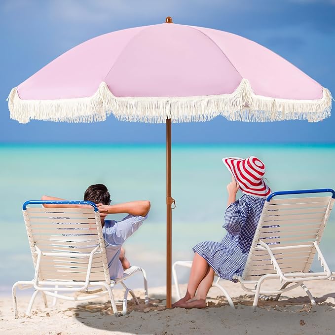 Aoxun 7ft Patio Umbrella with Fringe,Outdoor Beach Umbrella with Aluminum Pole, Ribs Push Button Tilt and Carry Bag, UV 50+ Picnic Tassel Umbrella(Pink)