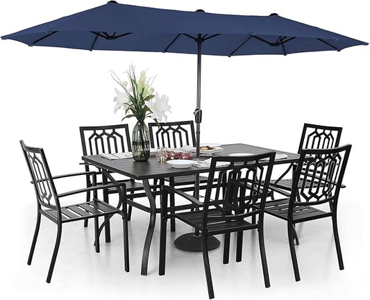 Sophia & William Patio Dining Set for 6 with 13ft Double-Sided Patio Umbrella, 8 Piece Metal Outdoor Table Furniture Set - 6 Outdoor Chairs, 1 Rectangle Dining Table and 1 Large Navy Blue Umbrella