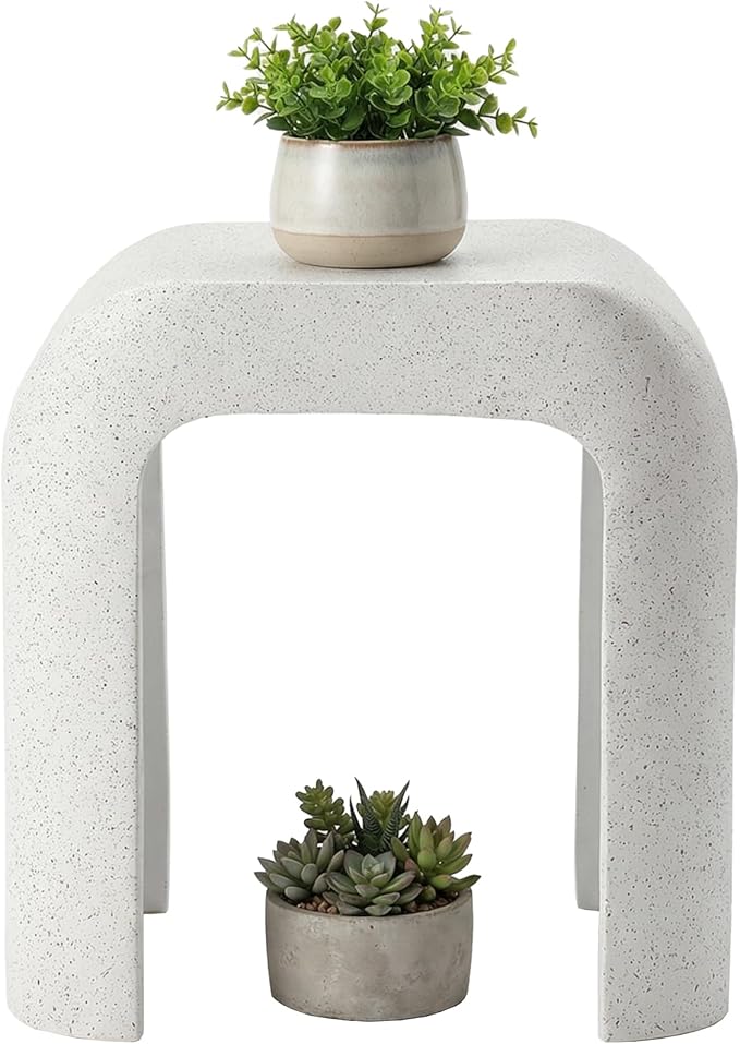 HOMPUS Outdoor Side Table, Concrete End Table w U-Shaped, Round Patio MgO Coffee End Table, Modern Accent Stone Garden Stool for Indoor Outdoor Use, Spotted White