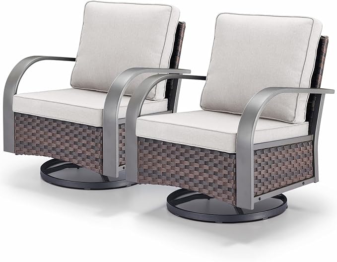 Outdoor Swivel Rocker Patio Chairs Set of 2, Heavy Duty Swivel Rocking Patio Chairs with Wide Metal Armrests, 2 Pieces Patio Furniture Wicker Glider Chairs Set with Removble Cushions for Porch Sunroom