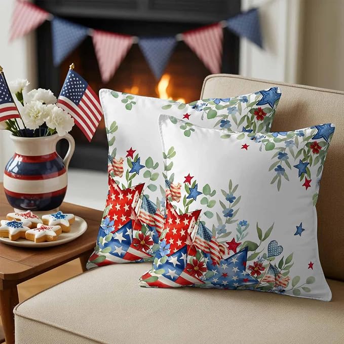 American Flag Stripe Star Outdoor Pillow Covers 16x16in Pack of 2 Waterproof Pillowcase Summer Green Eucalyptus Leaf Decorative Throw Cushion Case for Patio Couch Sofa
