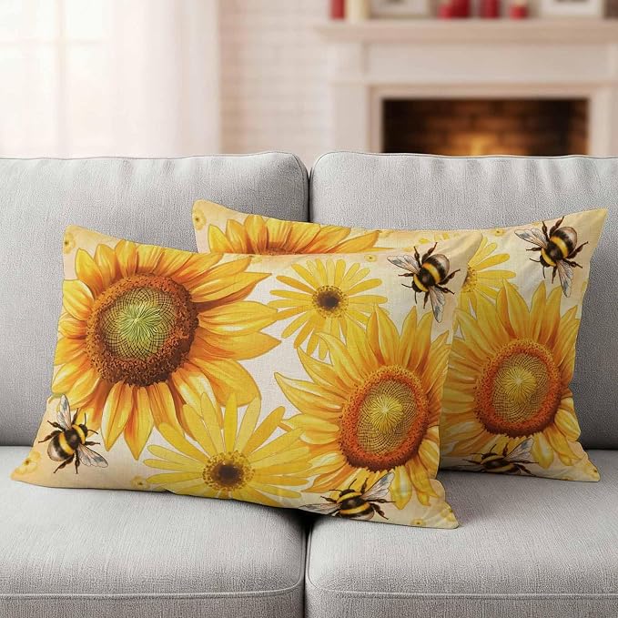 Outdoor Throw Pillow Covers,Farmhouse Sunflower Bee on Linen Waterproof Decorative Pillowcases Cushion Cover Retro Pastoral Yellow Flower Pillow Cases for Patio Couch Sofa Bed,20x12in Set of 2
