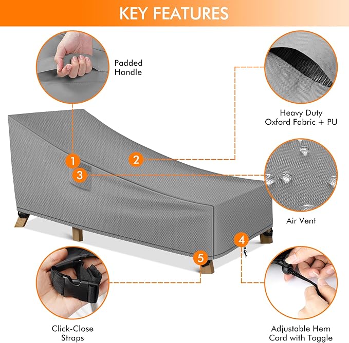 WLEAFJ Patio Chaise Lounge Cover Waterproof, Heavy Duty Outdoor Lounge Chair Covers, Durable Patio Furniture Covers, 78L x 34W x 32H inch，Grey