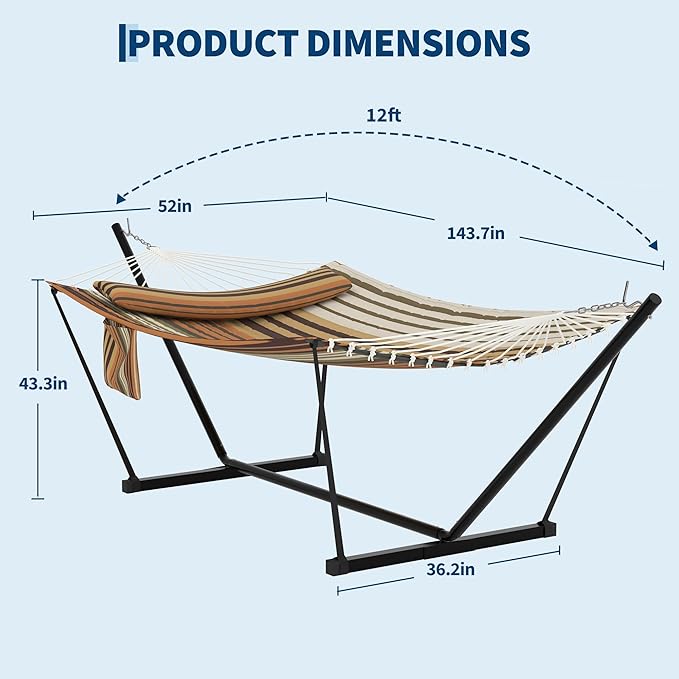 GarveeLife 2 Person Double Hammock with Stand and Pillow - 450 Lbs Capacity Heavy Duty Hammock with Balance Rope, Large Outdoor Hammock for Patio Backyard Poolside