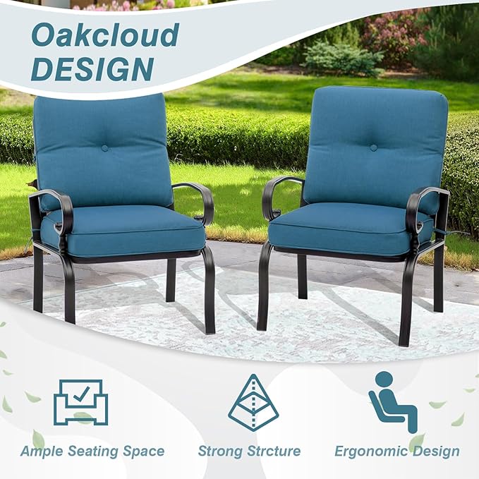 7-Piece Outdoor Metal Furniture Sets Patio Conversation Set, Wrought Iron Loveseat, 2 Dining Chairs, 2 Spring Chairs and Coffee Table, Peacock Blue