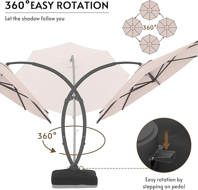 12FT Solar Powered LED Light Cantilever Patio Umbrella with Base Included, Large Cantilever Umbrella with 360°Rotation, Heavy-Duty Offset Outdoor Umbrella for Patio,Pool,Backyard (Champagne)