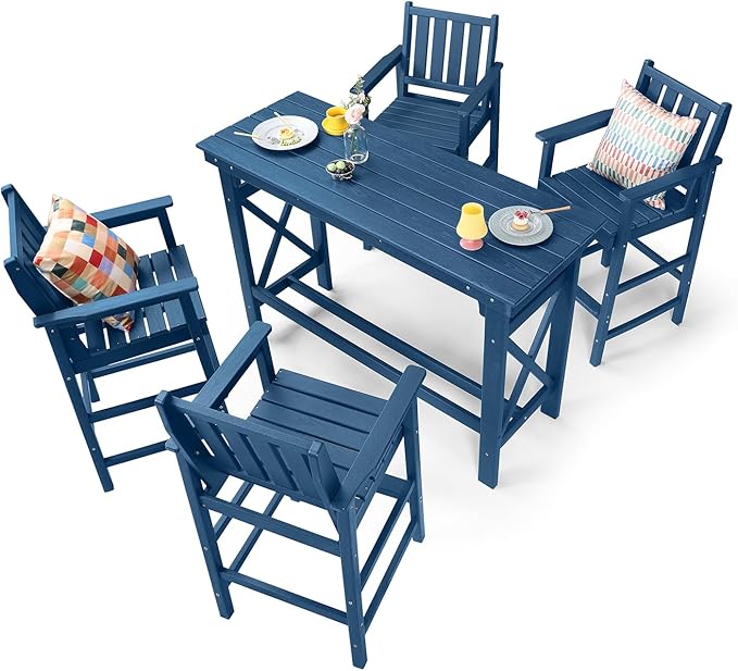 5-Piece HDPE Patio Bar Set, Rectangular Bar Height Table and 4 Adirondack Bar Chairs, All-Season Outdoor Bar Stools Set, Outdoor Bar Table and Chairs Set for Outside, Balcony, Deck, Navy