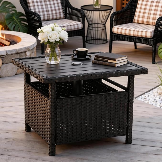 Sundale Outdoor Umbrella Stand with 2 Weight Bags, Patio 22 in Wicker Side Table with Umbrella Hole, All Weather Small Rattan Umbrella Base for Deck Yard Poolside Porch, Black