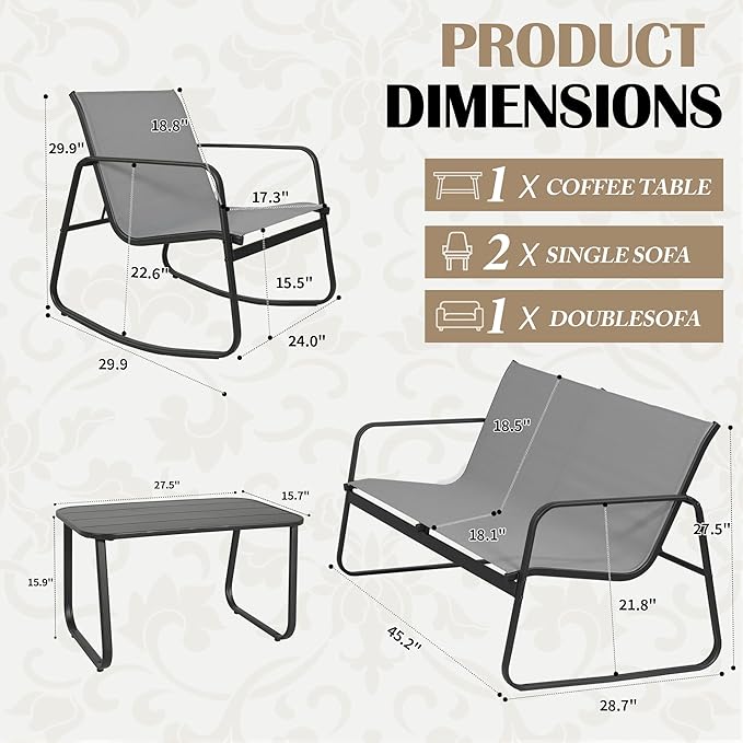 GEONKAI 4 Piece Patio Furniture Set, Olefin Loveseat Outdoor Furniture with 2 Rocking Chairs, Patio Conversation Set with Coffee Table, Breathable & Comfortable for Garden, Poolside, Balcony (Grey)