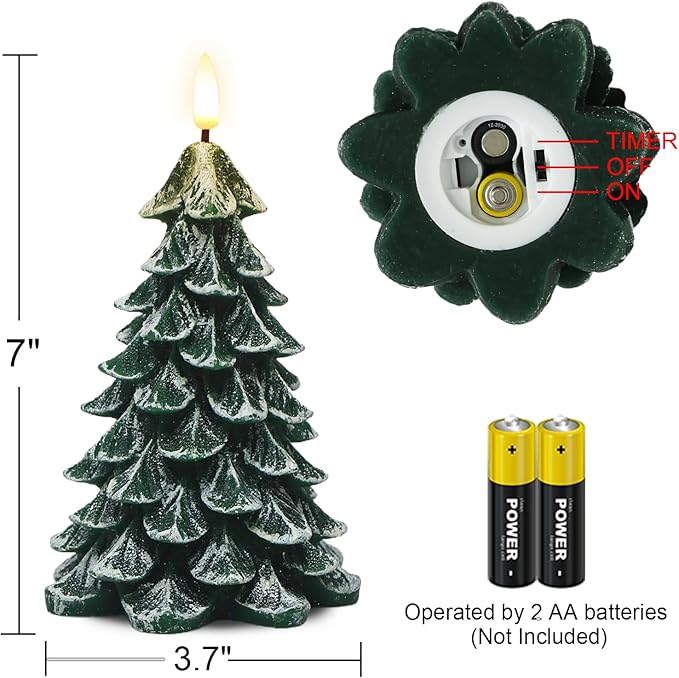 Christmas Tree Flameless Candles with 6H Timer, 2 Pcs Battery Operated LED Pillar Candle with Flickering 3D Wick, White Flocked Decoration Green Candles for Home Décor Christmas Gifts