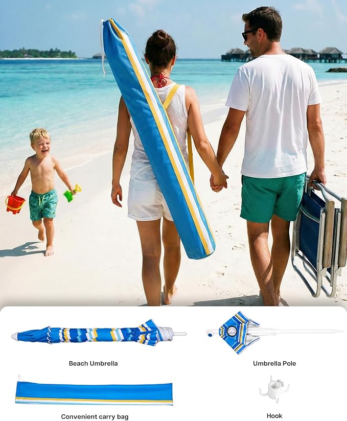 paramondo 7ft Beach Umbrella with Sand Anchor Air Vent Push Button Tilt and Crank, Portable Sunshade Outdoor Patio Umbrella with 8 Sturdy Ribs for Garden, Deck, Backyard, Pool and Beach