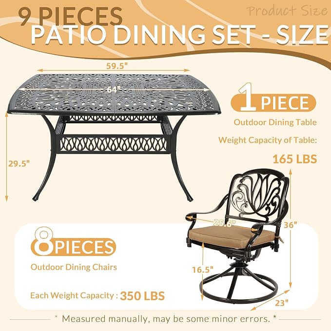 9 Piece Outdoor Patio Dining Set for 8, Cast Aluminium Large Square Dining Table & 8 Swivel Rocker Chairs with Removable Cushions, Umbrella Hole, Patio Furniture Set for Garden, Khaki