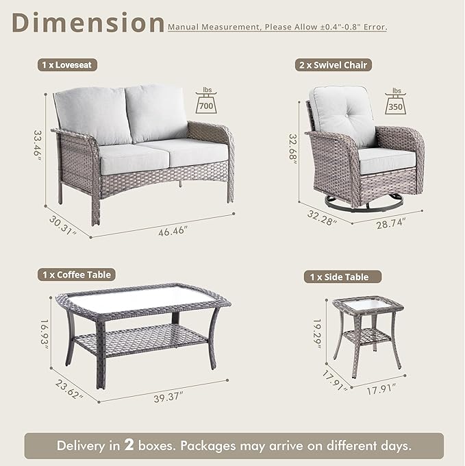Weaxty Wicker Patio Furniture Set with Swivel Rocker Chairs Outdoor Loveseat Sofa and Rattan Coffee Table, 5 Pieces Outdoor Conversation Sets for Patio Porch Deck Backyard Poolside, Light Gray