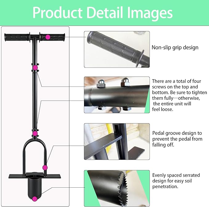 Sod Plugger Tool, Grass Plugger Tool for Lawn Planting Bulbs and Grass Repair,with Dual Pedals and Foot Ejector, Bulb Planter W/Sharp Serrations and Non-Slip Soft Grip Handle, Easy Assembly