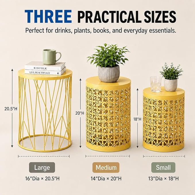Y&M Outdoor Side Tables, Set of 3 Metal Stacking Patio Side Tables for Outside, Round Indoor End Tables, Coffee Accent Poolside Tables for Patio Garden Balcony, Yellow