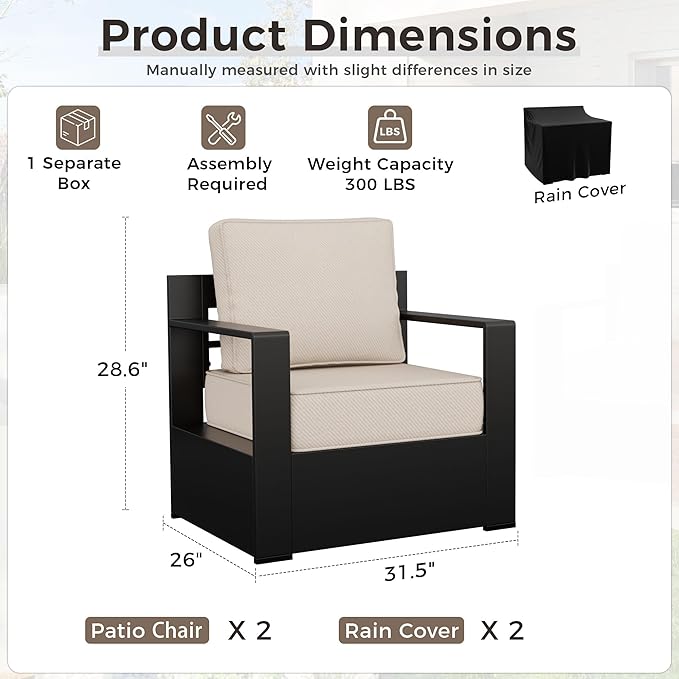 Outdoor Patio Furniture Aluminum Patio Chairs, All-Weather Metal Outdoor Chair with 6 Inch Thick Cushions, Deep Setting for Garden, Outside and Porch, Beige