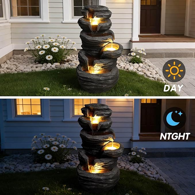 Outdoor Waterfall Fountain with LED Lights, 25.6" Stacked Stone Cascading Water Feature with Pump, Multi-Tier Rock Fountain for Patio Garden Yard Porch Landscape Decor, Gray