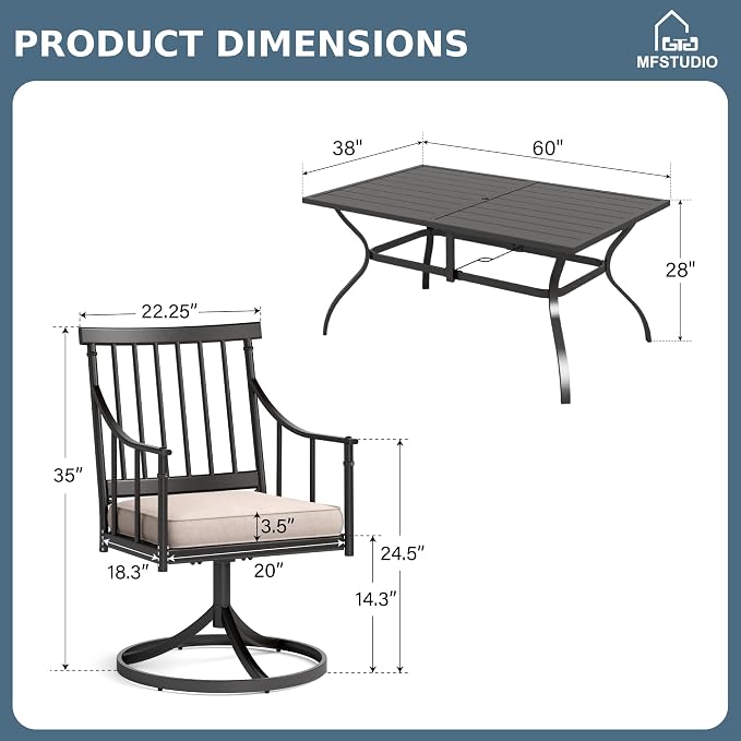 MFSTUDIO 7-Piece Patio Dining Set, Swivel Metal Chairs, Umbrella Hole | 60" Rectangular Metal Table, Removable Cushions