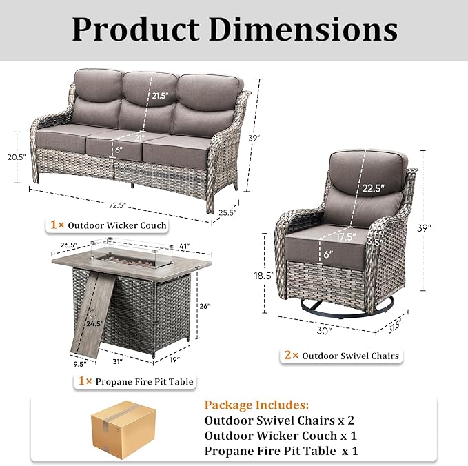 Luxury High Back Patio Furniture Set with Fire Pit Table & 6-Inch Thick Cushions, 4-Pieces Outdoor Furniture with Swivel Chairs, Wicker Conversation Set for Porch, Balcony, Deck and Yard, Grey