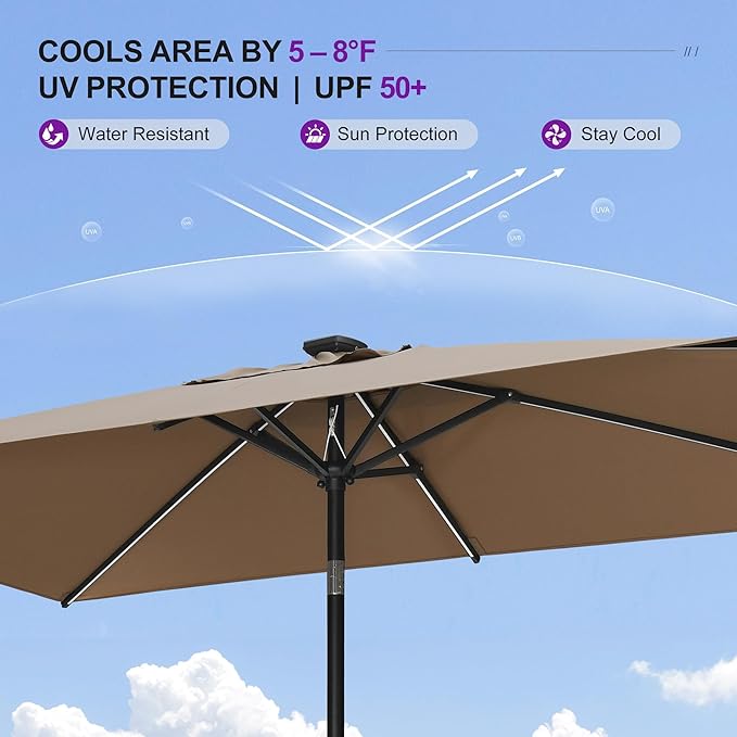 PURPLE LEAF 6.5' x 10' Rectangular Patio Umbrella with Solar LED Outdoor Table Umbrella Aluminum Frame Market Umbrella Sun Umbrella for Garden Deck Lawn Pool Taupe