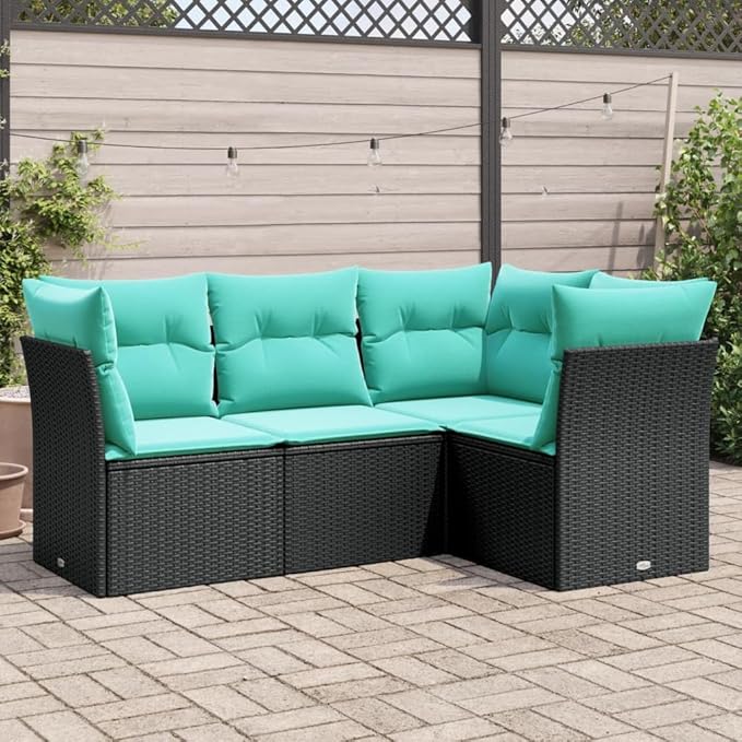 4 Piece Patio Sofa Set with Cushions, Porch Furniture Set Patio Conversation Set Outdoor Sofa Sets Outdoor Dining Sets for Piazza Poolside Negotiation Area Exhibition Black Poly Rattan